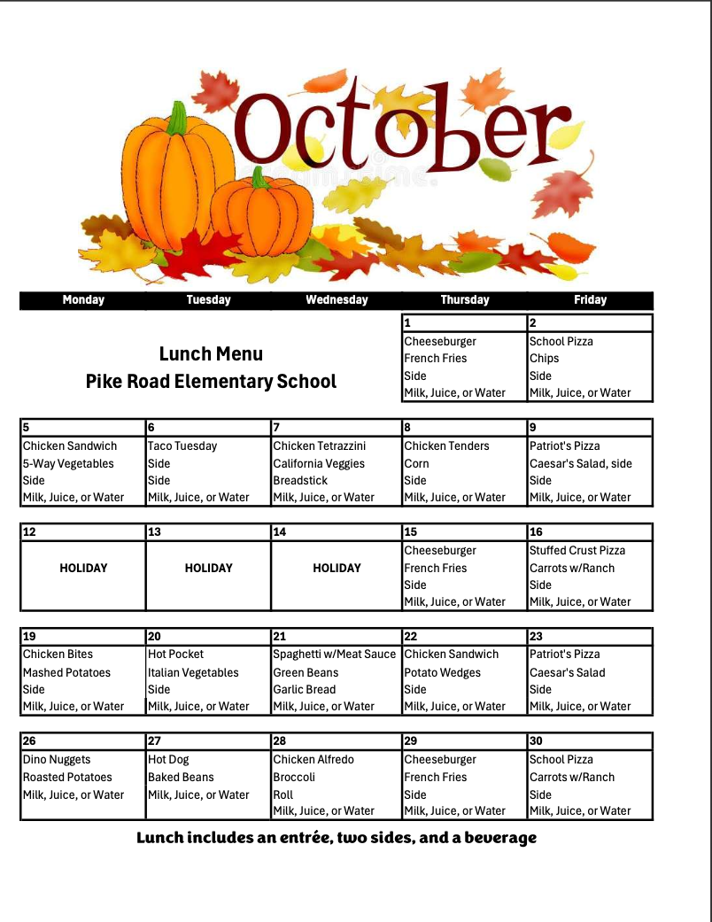 October Lunch  Menu