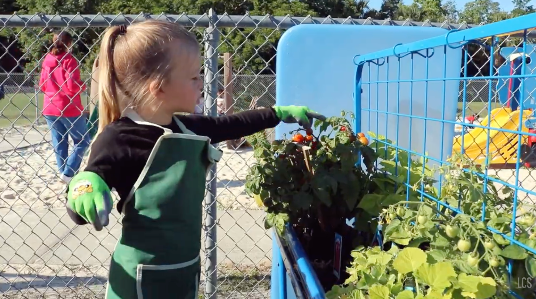 A child wearing an apron and gloves tends to a garden with plants in front of a fence.
