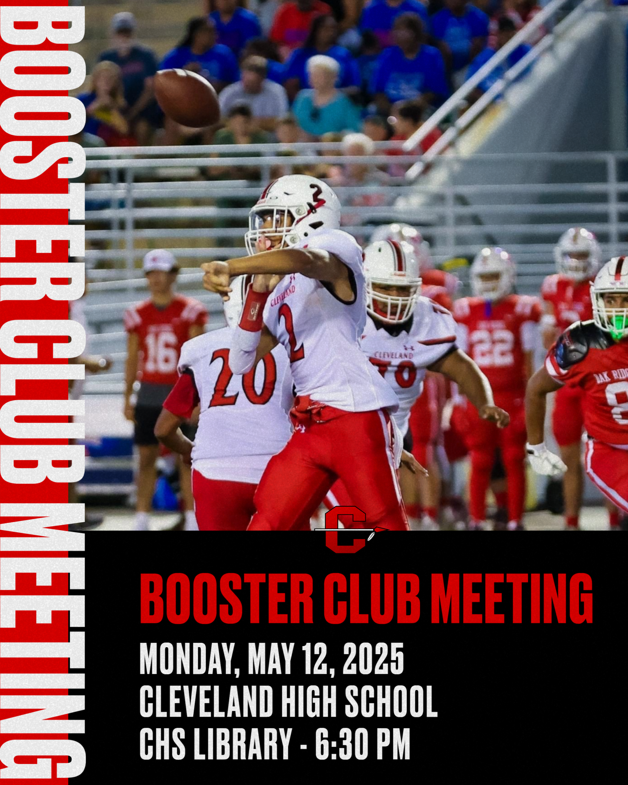 Booster Club Meeting with image of ClSD football team and the QB throwing the football