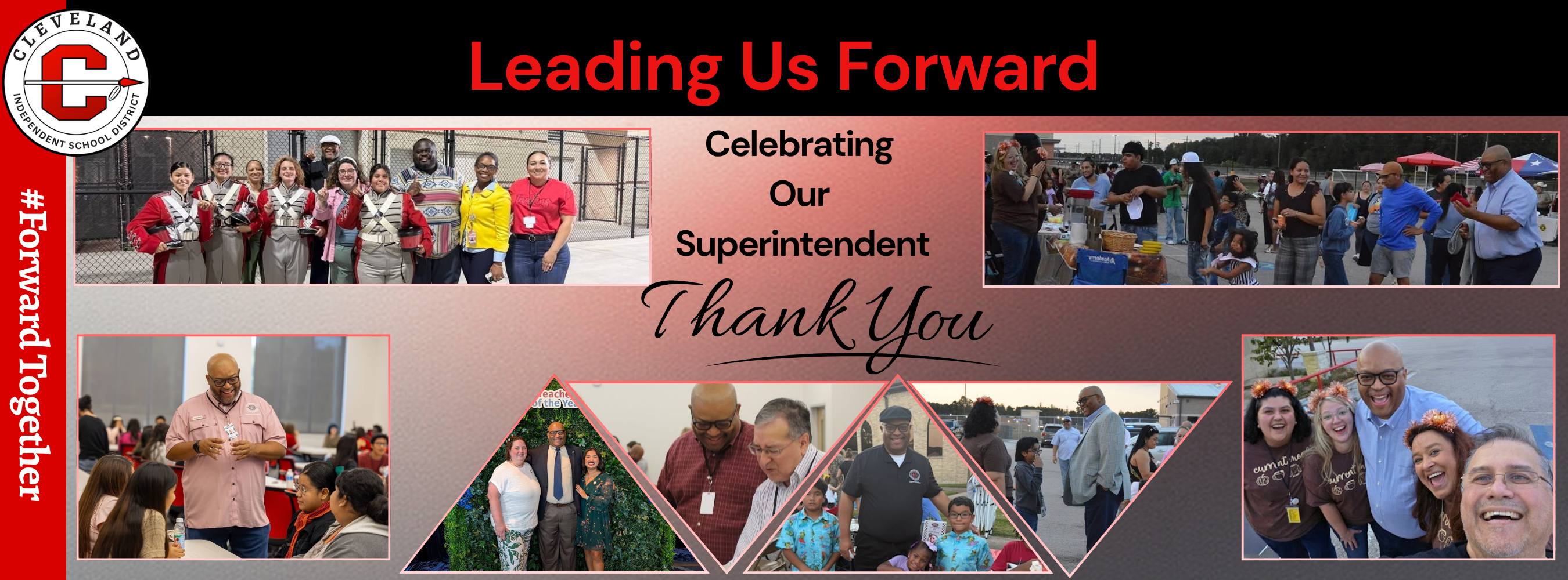 Dr. Barnes banner celebrating his leadership with various pictures if Dr, Barnes, staff and students