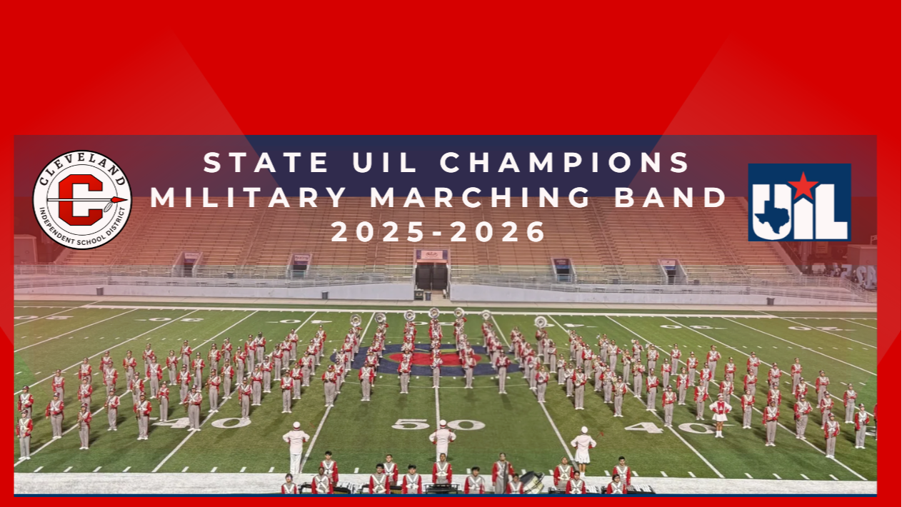 An image of a marching band on a field with text "State UIL Champions Military Marching Band 2025-2026".