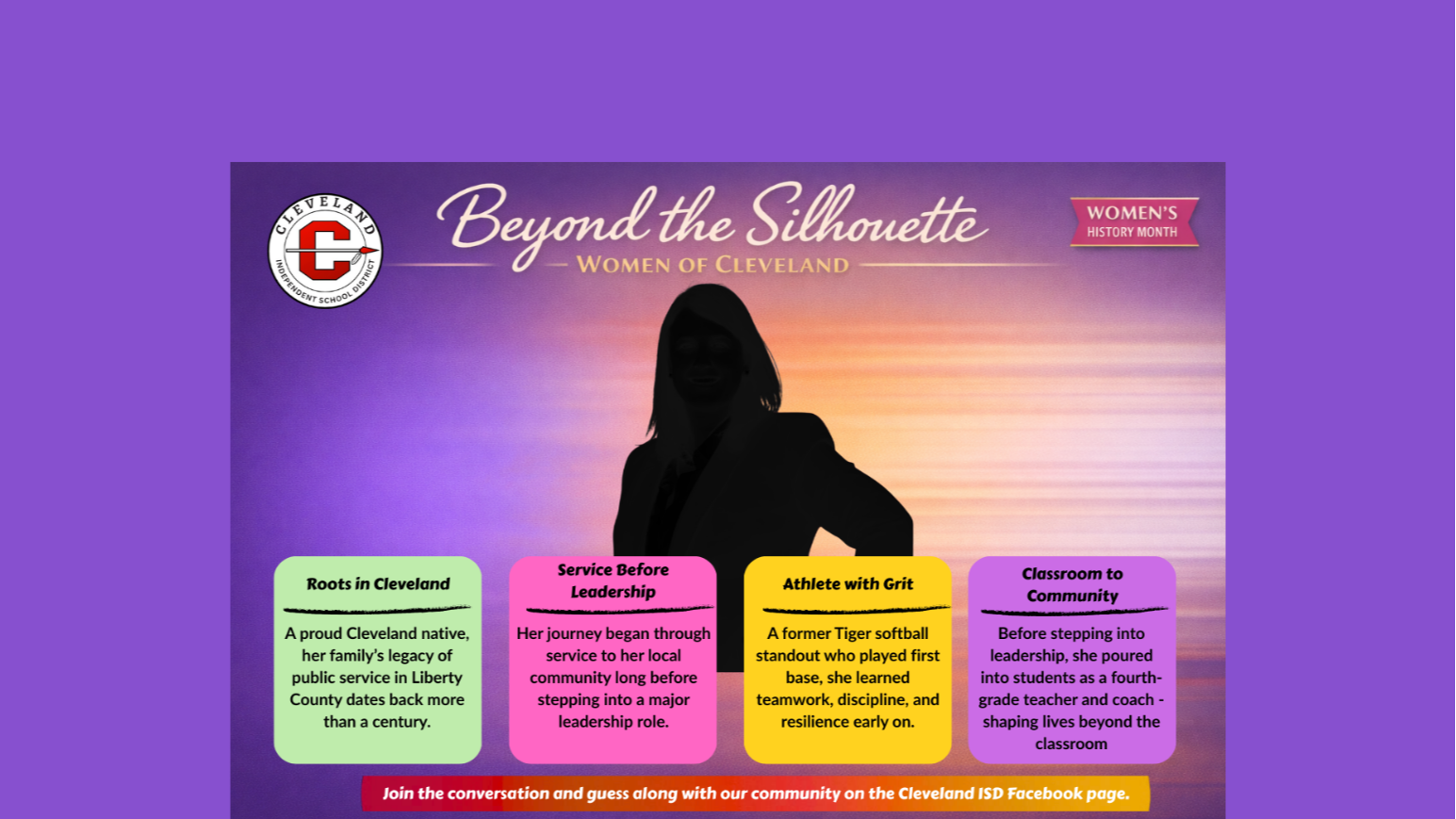 Purple background displays a poster with a woman's silhouette. Four colored sections feature text about "Beyond the Silhouette."