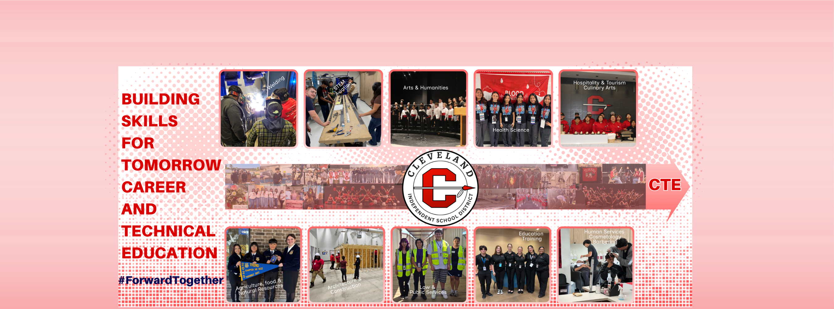 A pink background with a collage of photos. The collage includes people in various settings, such as classrooms and workshops.