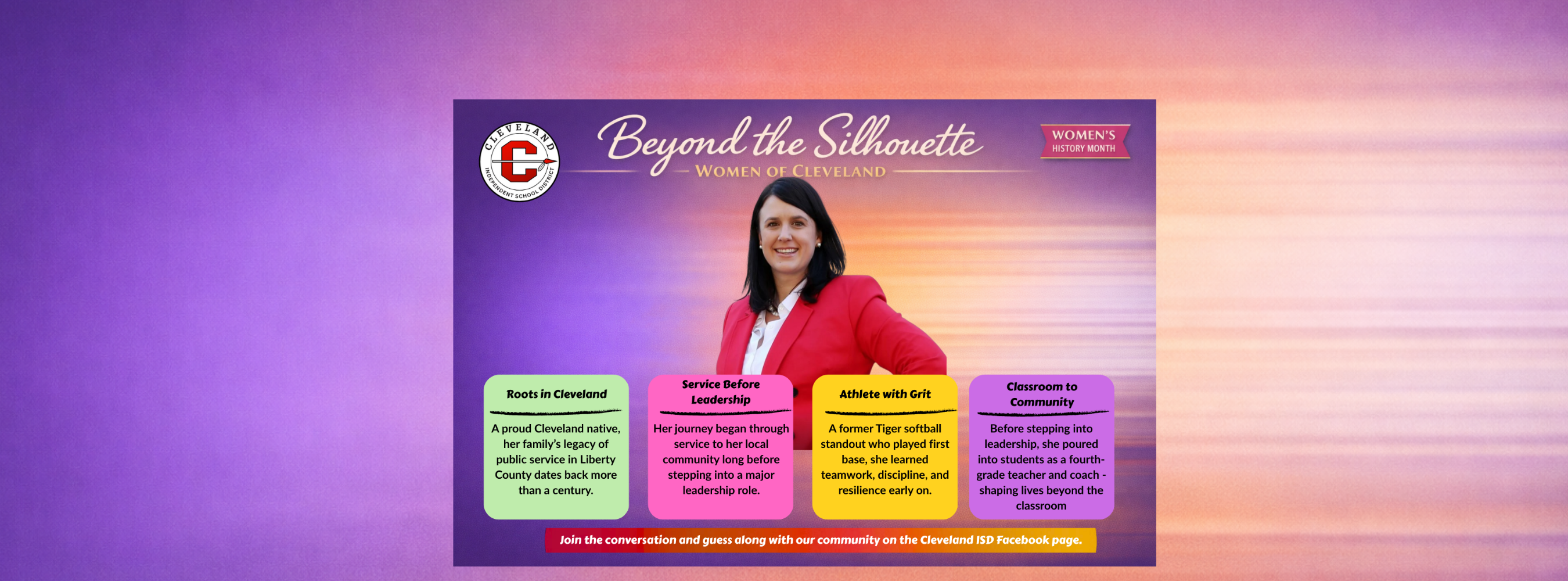 A poster with a woman in a red blazer. Text "Beyond the Silk Route" at the top. Colorful boxes with text below.