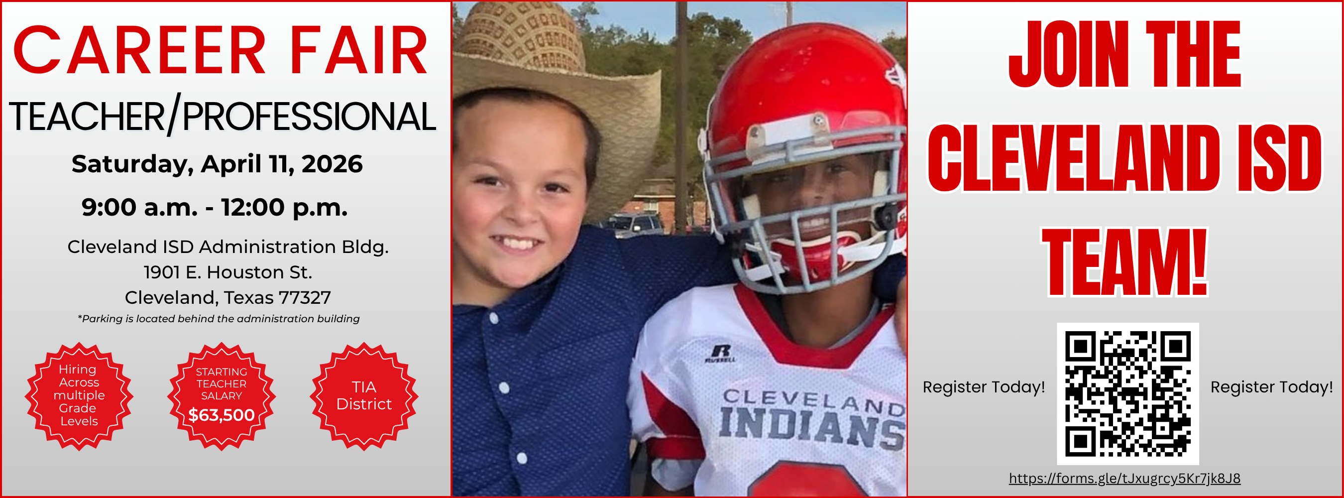 Advertisement for a Career Fair with a boy in a cowboy hat and a boy in a red football helmet.
