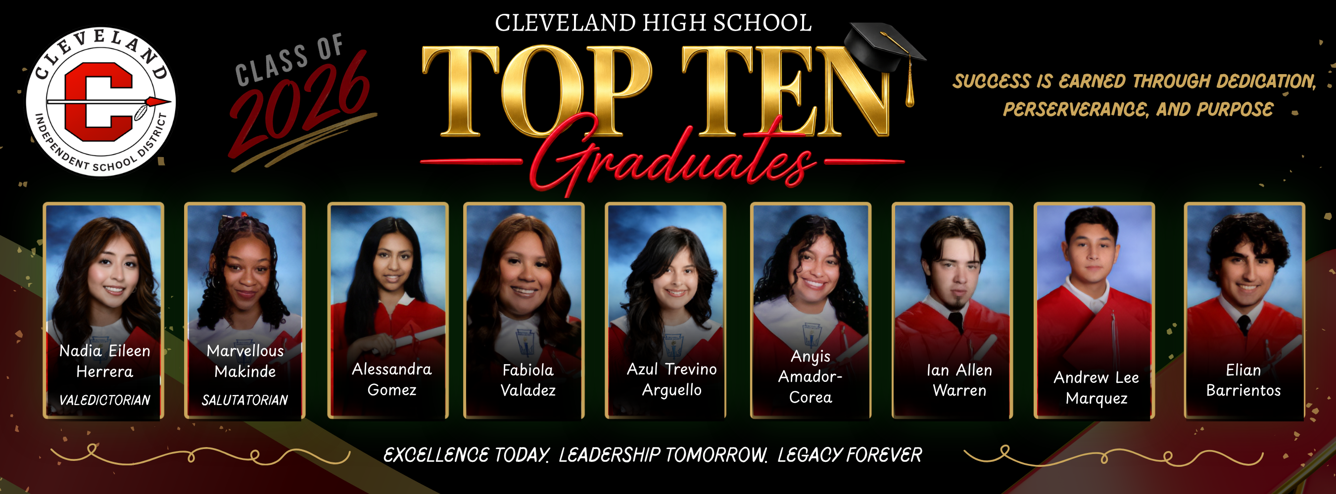 A black banner displays "Top Ten Graduates" with 10 student photos, names, and graduation year "2026" at the top.