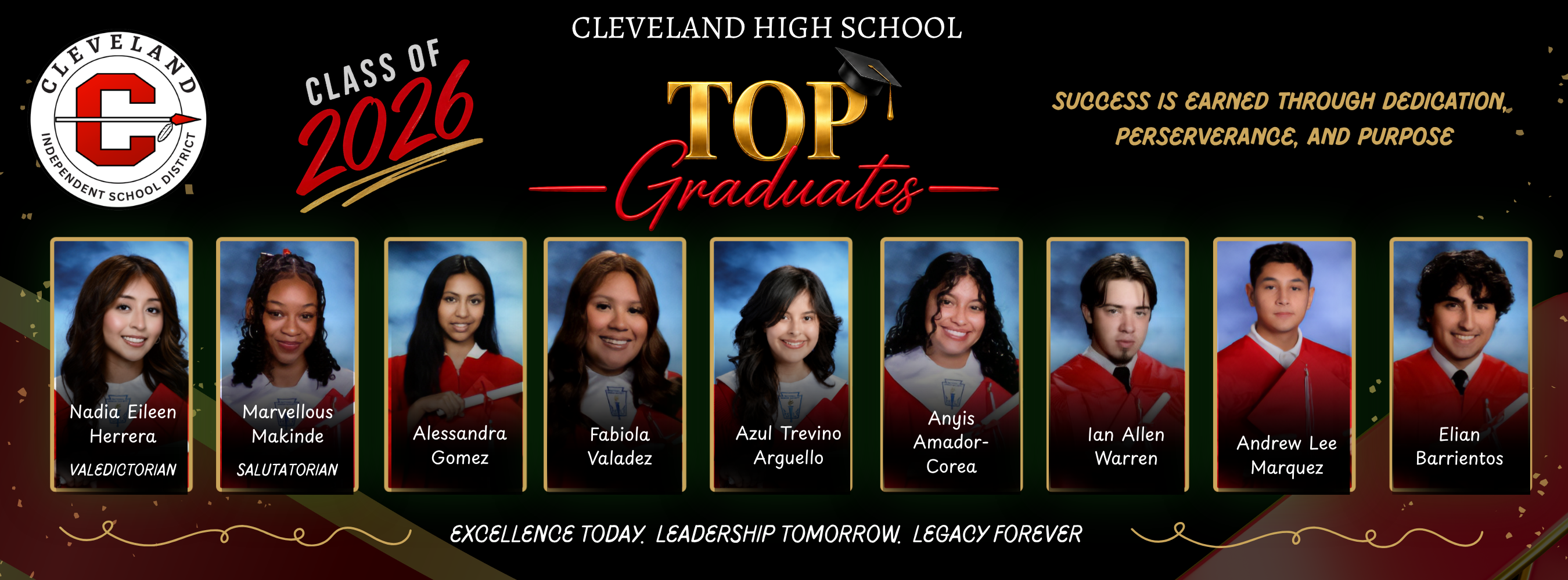 An image featuring the names and pictures of students in their graduation attire, labeled "Class of 2026 Top Graduates."