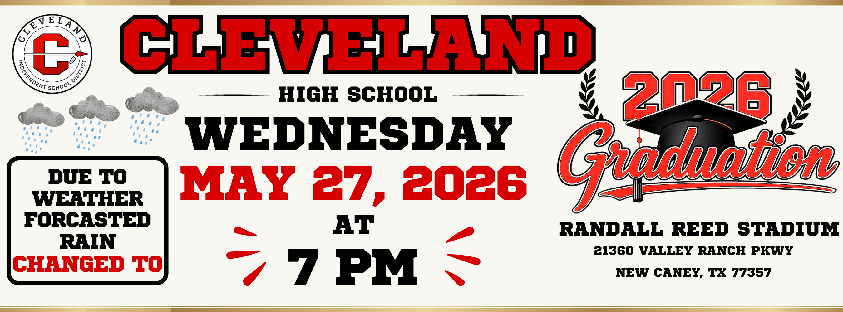 A banner with a gold border. The title reads "Cleveland High School". The date "May 27, 2026" is highlighted.