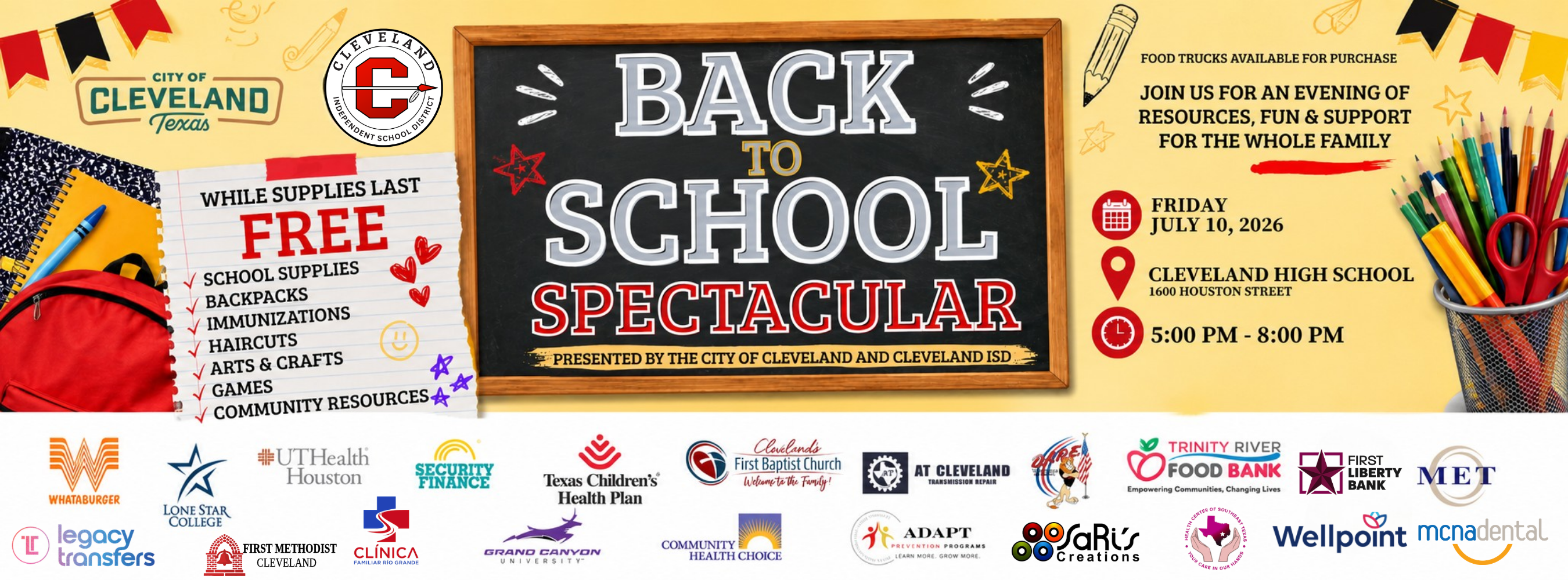 Advertisement with yellow background displays "Back to School Spectacular" on a chalkboard. Pencils, pencils, pens and a backpack are present.