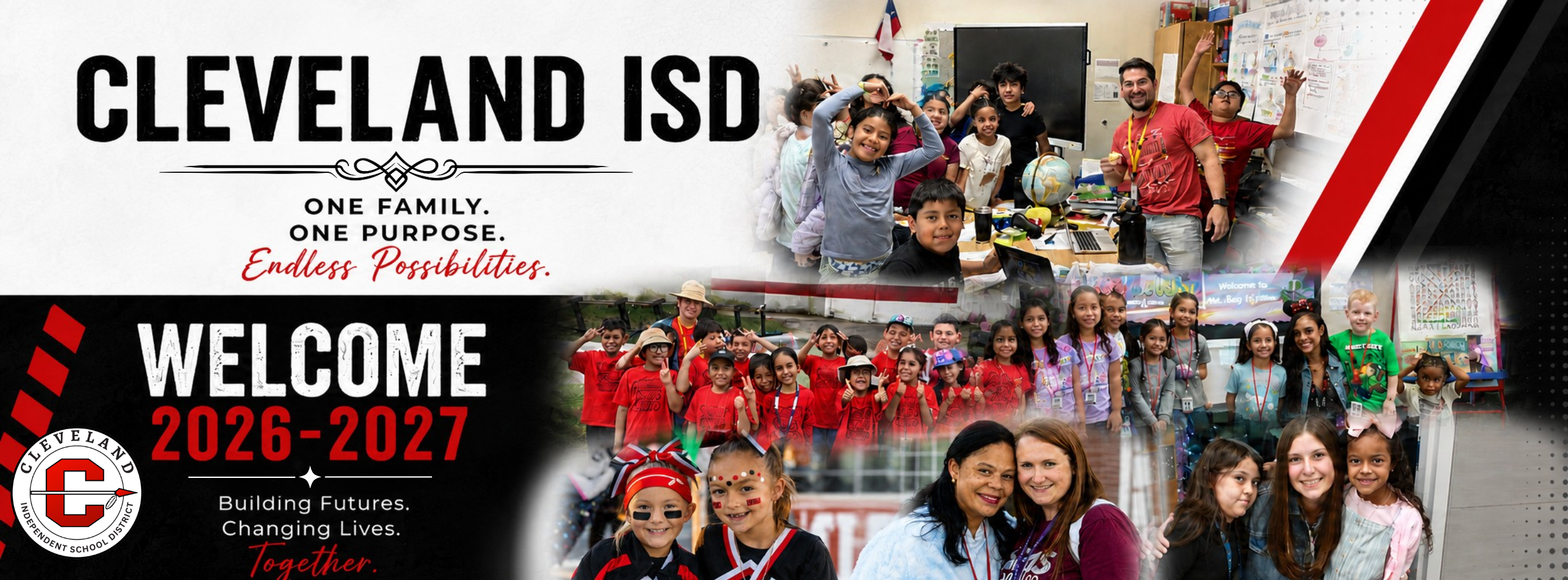 A school district flyer features a collage of students in red shirts, a flag, and a logo.