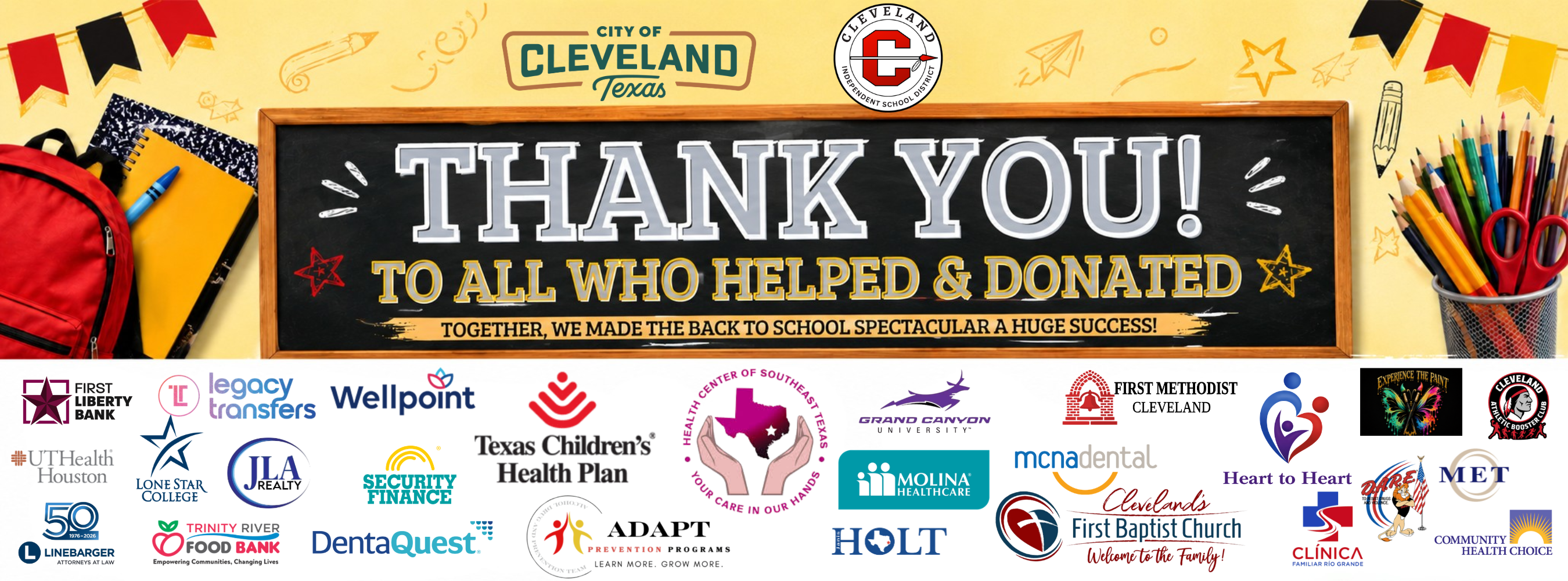 A banner with logos, a red backpack, pencils, scissors, and a chalkboard saying, "Thank You! To all who helped &amp; donated."