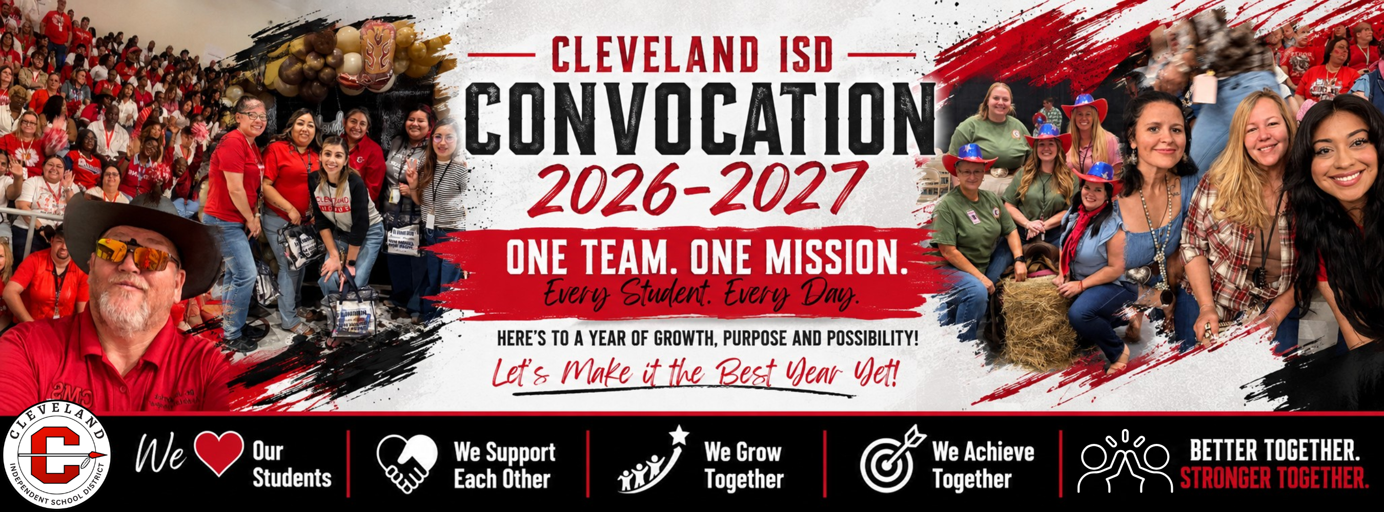 An event poster with a group of people, text, and logos, reading "Cleveland ISD Convocation 2026-2027".