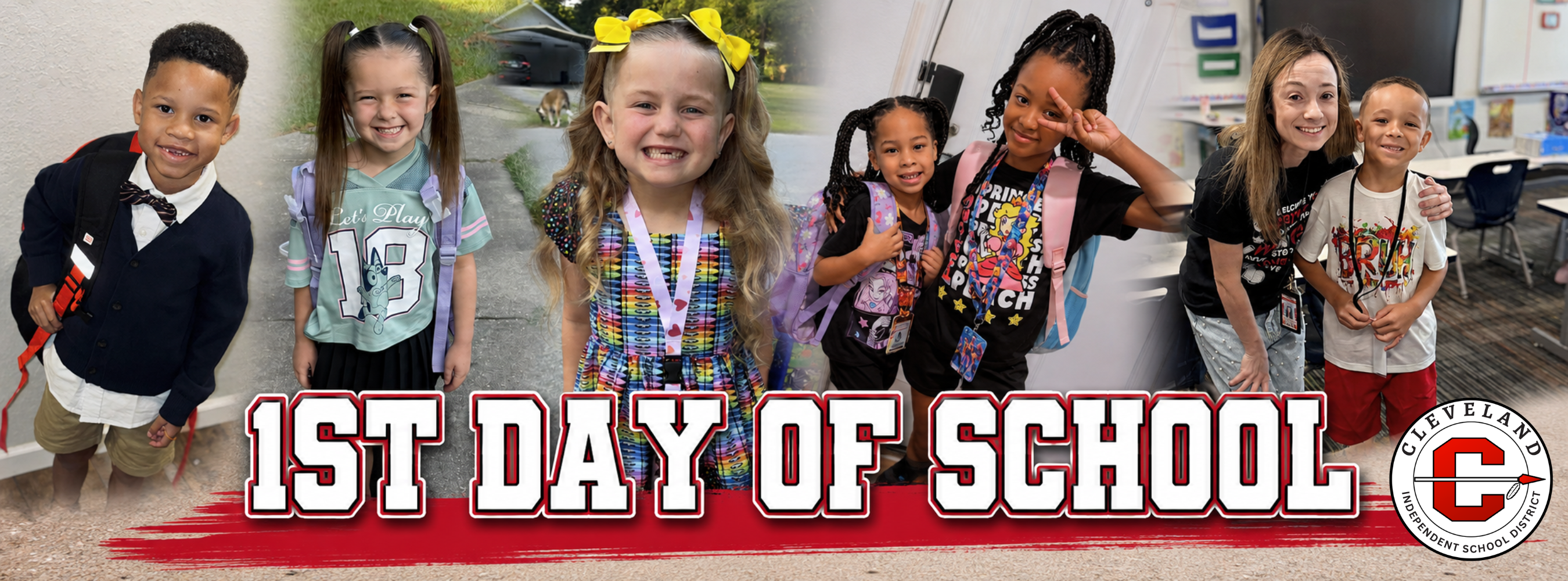 A collage of children in school uniforms on the first day of school. The background is blurred.