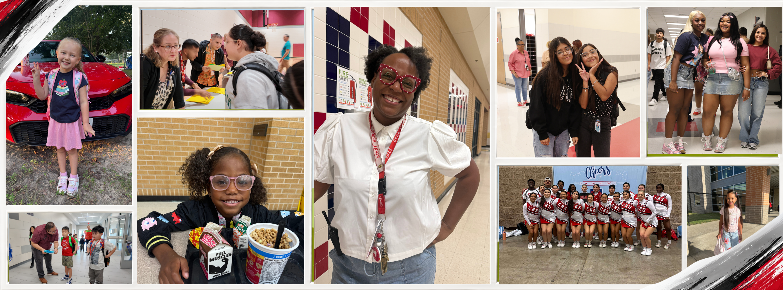Collage of photos featuring individuals in various indoor and outdoor settings, including hallways, classrooms, and social gatherings.