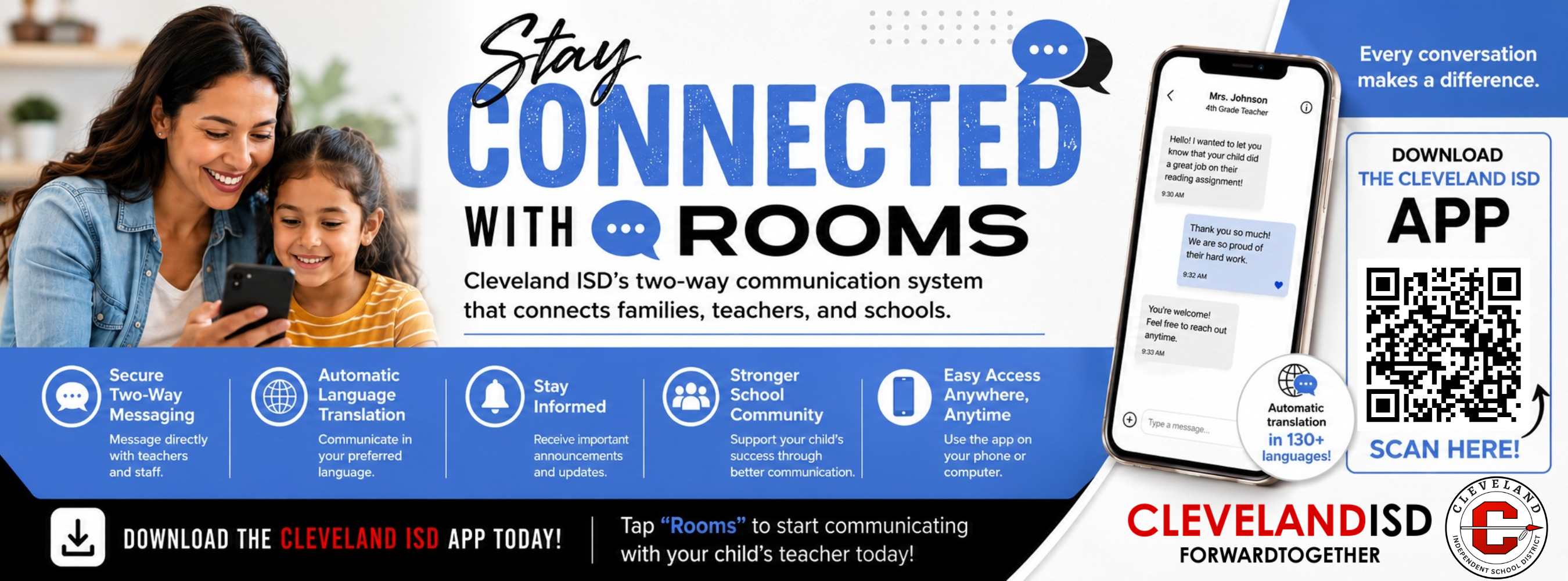 A woman and a child smile at a phone, text reads "Stay Connected with Rooms" and "Cleveland 301's two-way communication system".