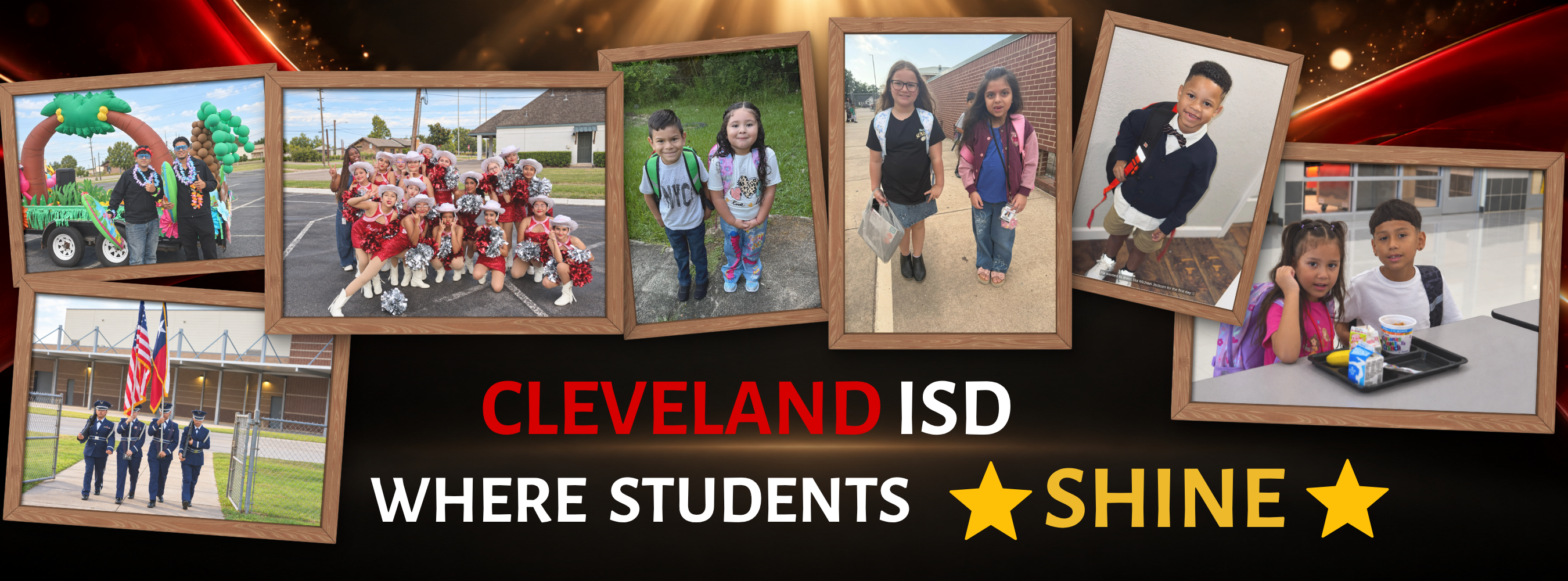 A collage of photos with children in various settings. "Cleveland ISD" is prominently displayed in red text.