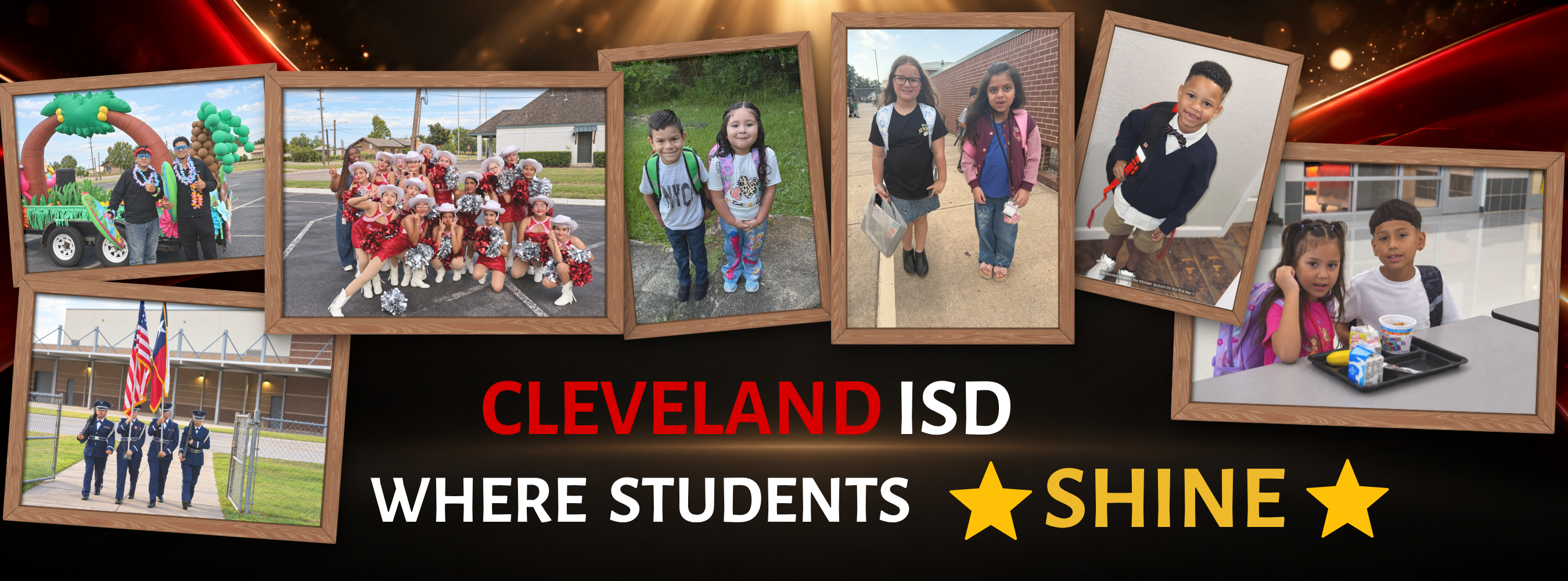 Collage of photos showing children in different school settings, with "Cleveland ISD Where Students Shine" displayed prominently.