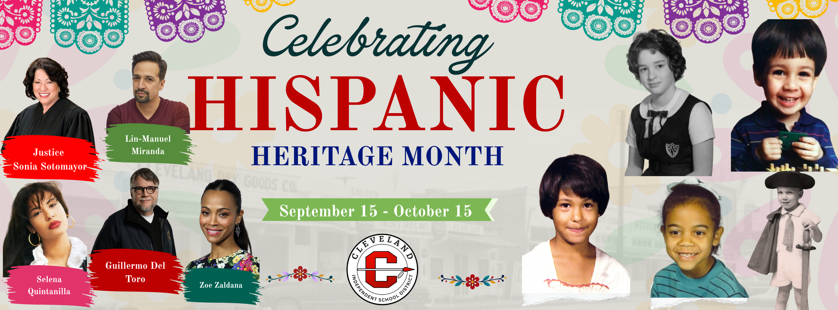 A poster celebrates Hispanic Heritage Month. It displays photos of various people, including adults and children, in a collage.