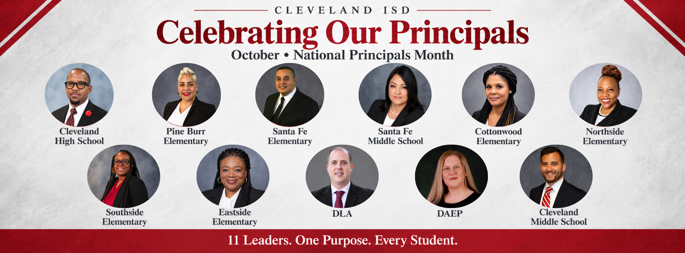 A red and white banner with "Celebrating Our Principals" in large text and photos of school principals.