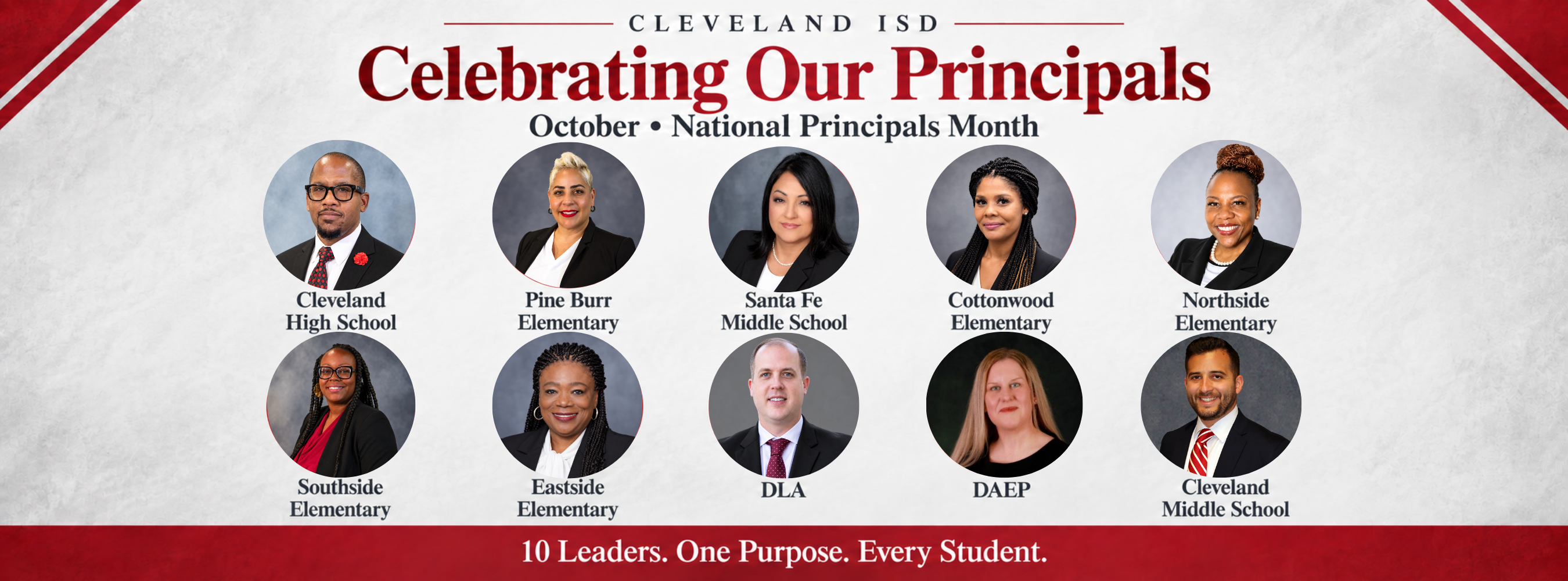 Banner with red border features seven photos of principals. Names and positions are listed below each photo.