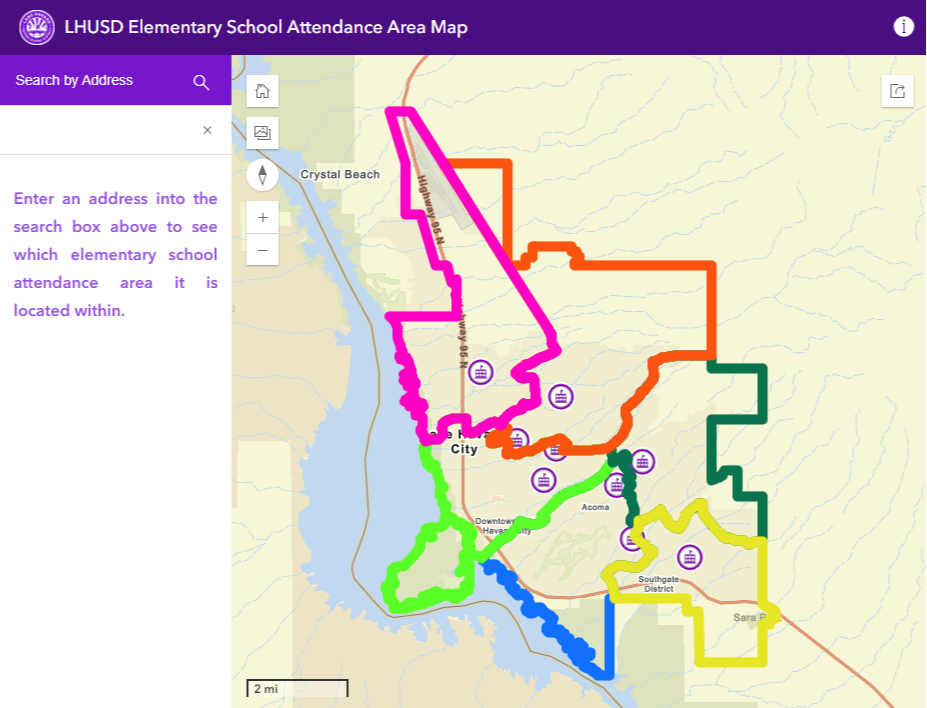 Lake Havasu City map with school boundary overlays. Click/Select image to view the interactive map on the LHC city website.