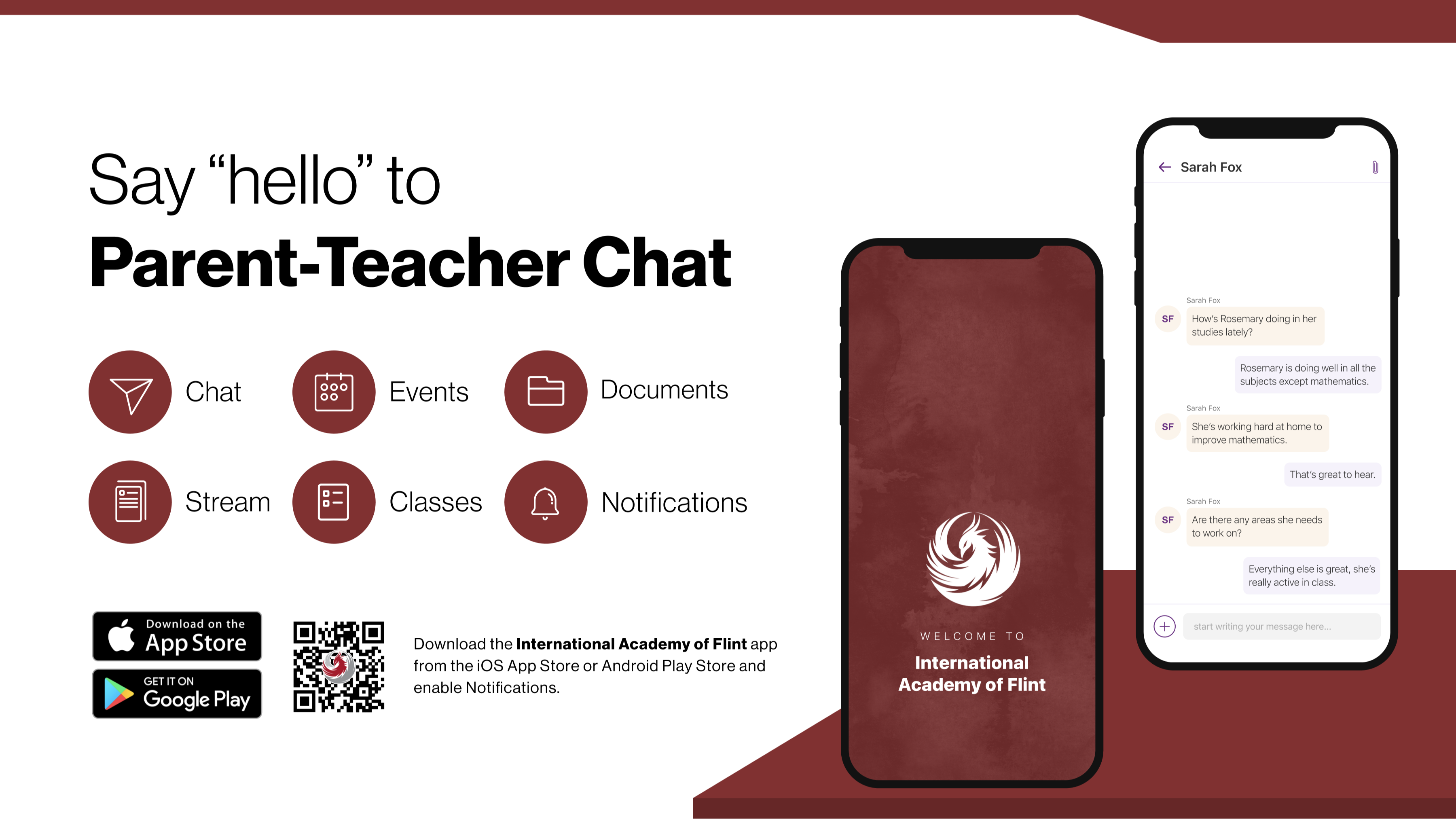 Say hello to Parent-Teacher chat in the new Rooms app. Download the International Academy of Flint app in the Google Play or Apple App store
