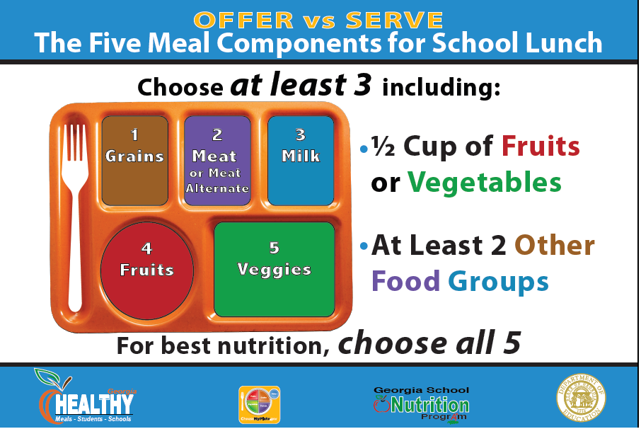 5 Meal Components for School Lunch: Grains, Meat, Milk, Fruits, Veggies; half cup fruits or vegetables, at least 2 other food groups; For best nutrition, choose all 5