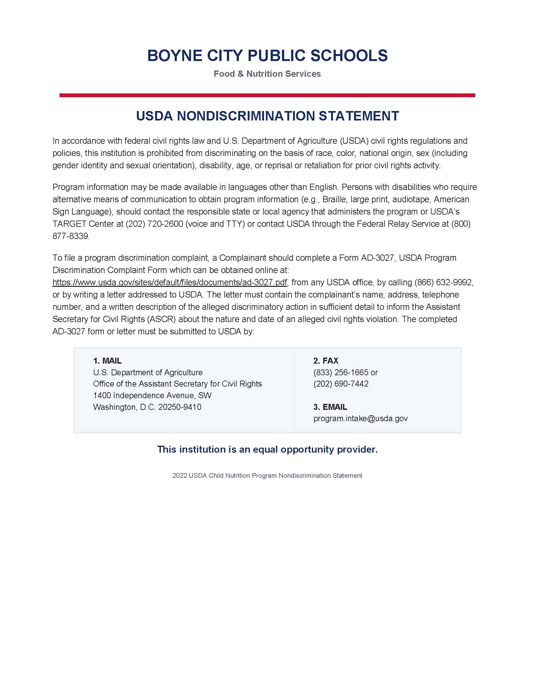 Non Discrimination statement