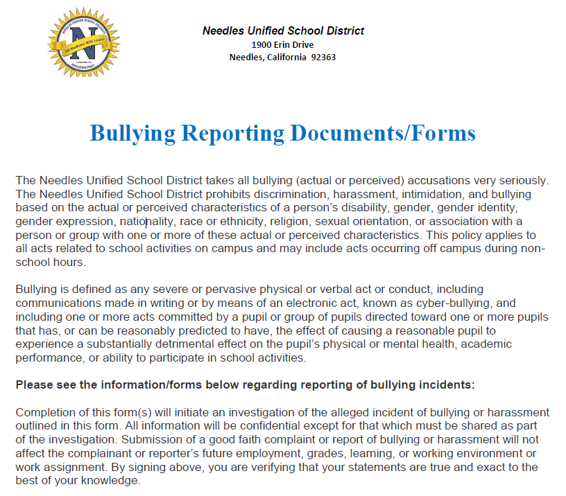 Bullying Reporting | Needles USD