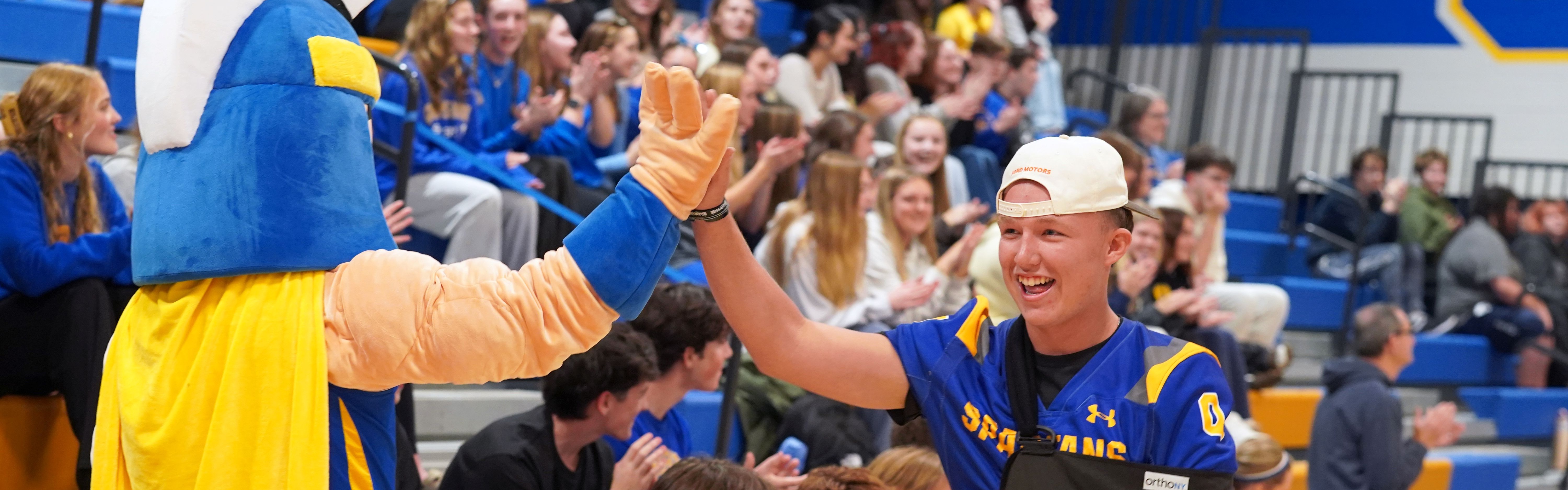 Student-athlete high-fives school mascot at pep rally.