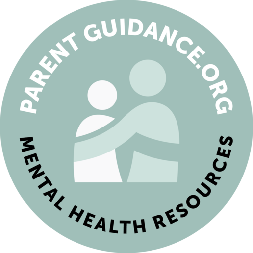 Circular logo with soft green background. Inside, two simplified human figures—one larger with an arm around a smaller figure—represent support and care. Text around the circle reads ‘ParentGuidance.org’ at the top and ‘Mental Health Resources’ at the bottom