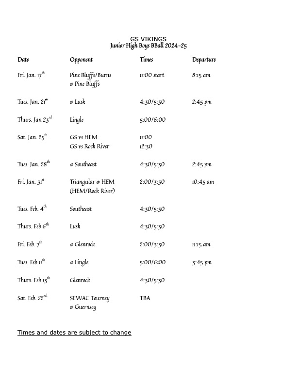 Jr High Boys Basketball Schedule