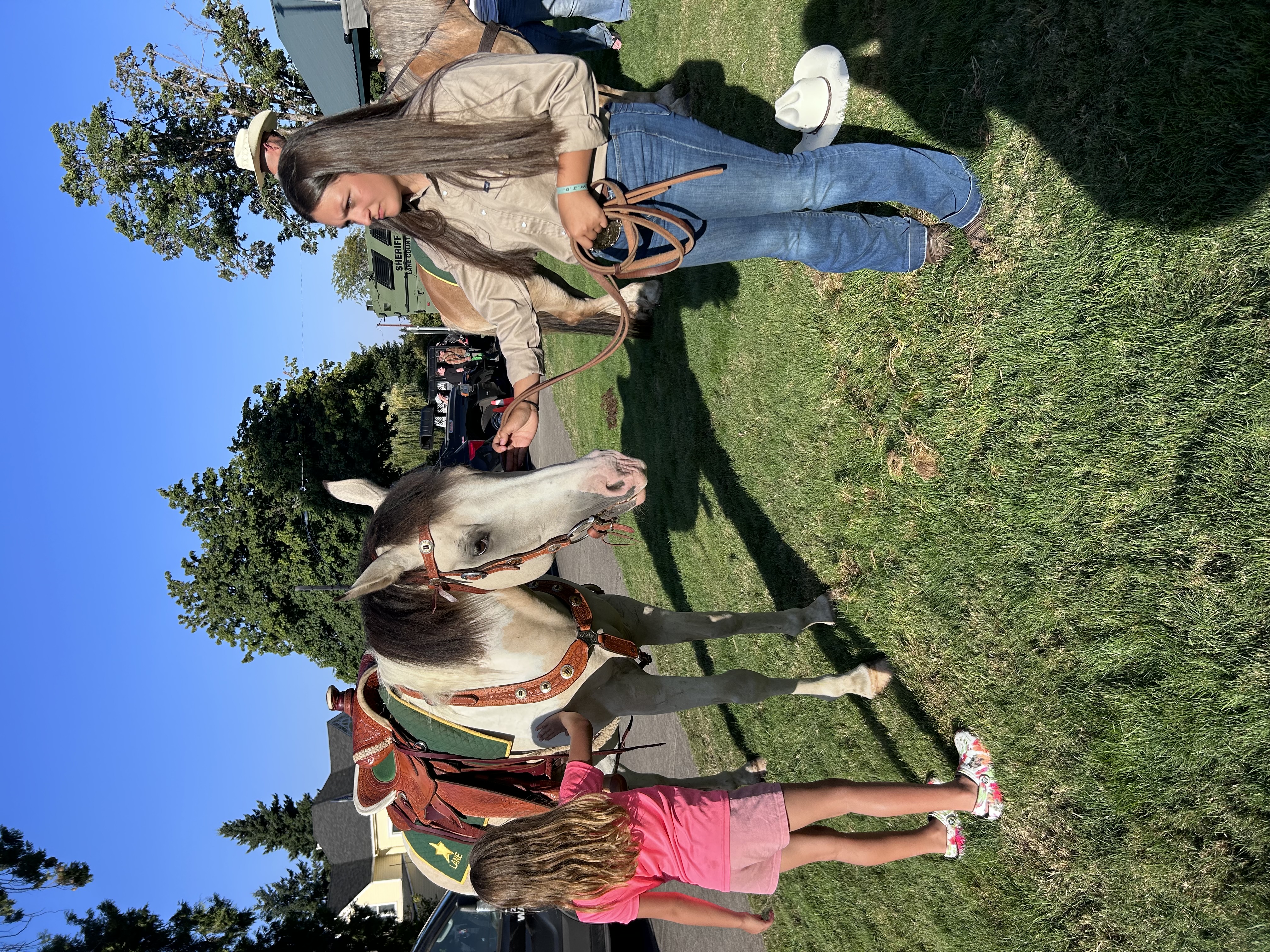 Image of a child petting one of the horses from the Sheriffs Mounted Posse