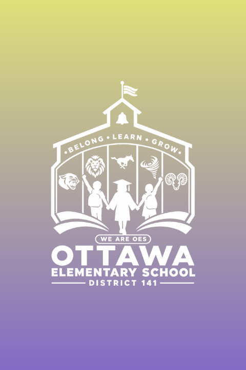 Logo with yellow-green gradient background. Building, bell, flag, children, animals, and text.