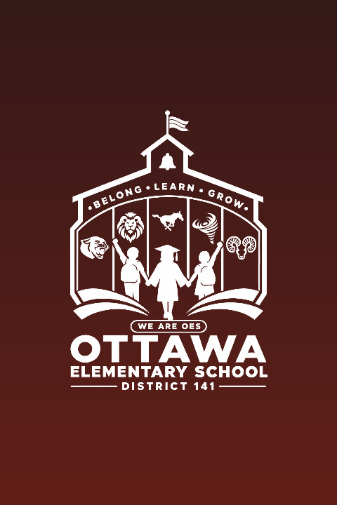 Logo with children holding hands, a school, and animals. The words "We are OES" and "Ottawa Elementary School District 141" on a red background.