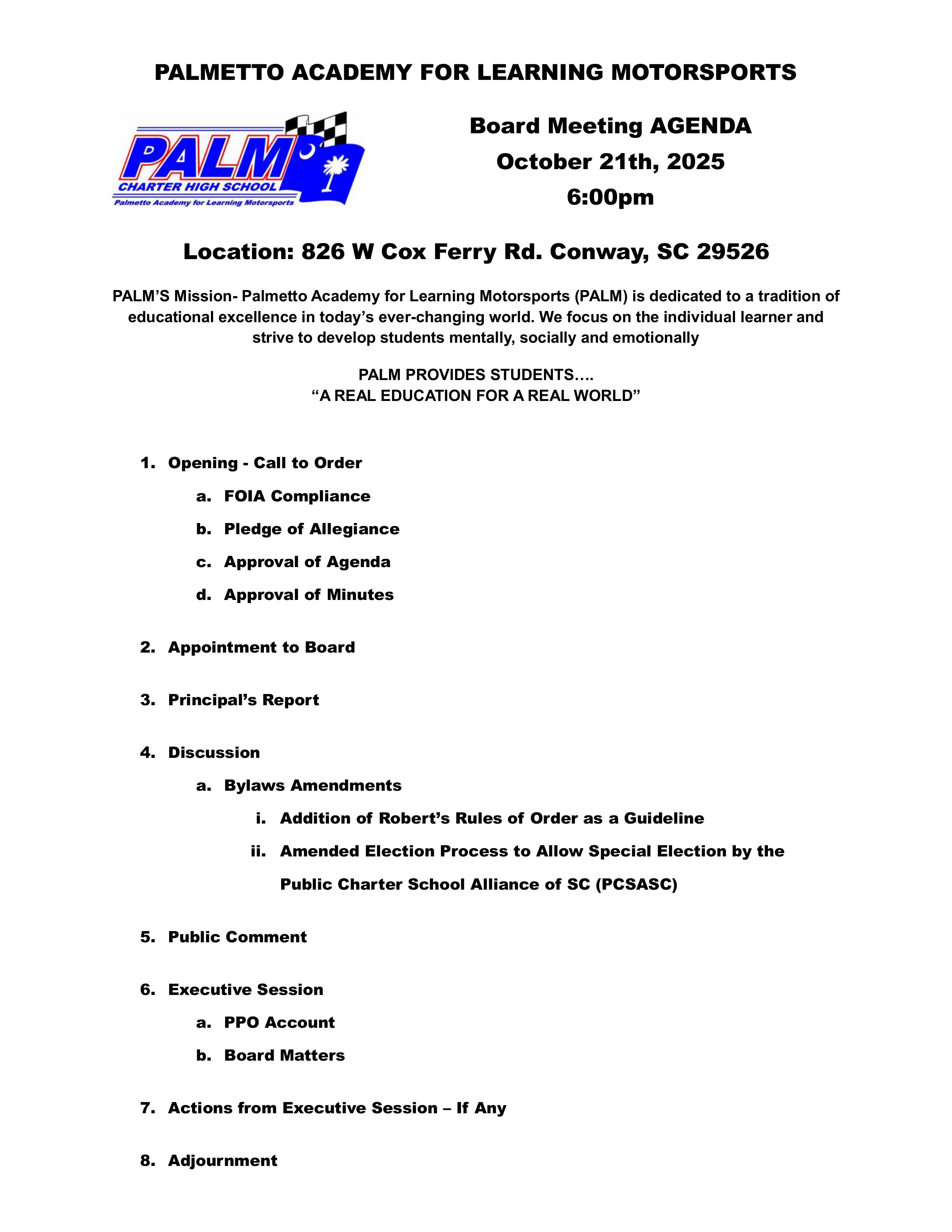 October 21, 2025 Meeting Agenda