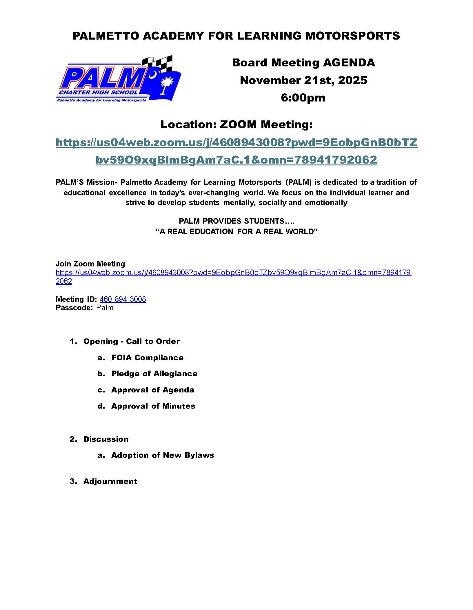 November 21, 2025 Meeting Agenda
