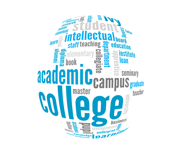 Word map in shape of a circle with adjectives for college