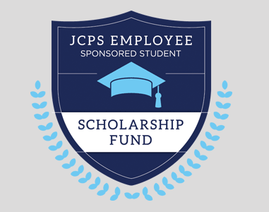 jcps first scholarship fund logo, shield with leaves around sides, graduation cap in middle