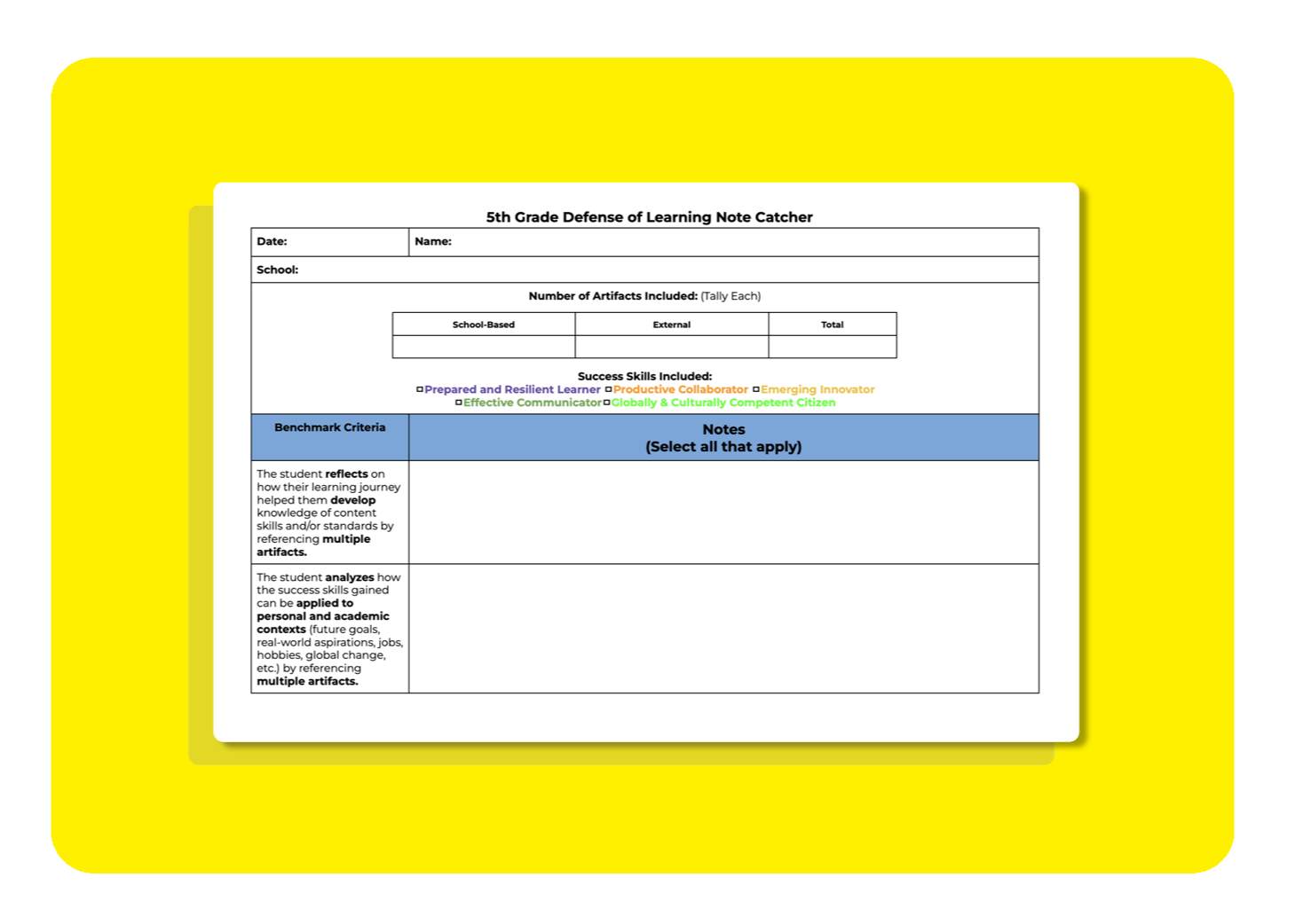 5th grade defense of learning note catcher