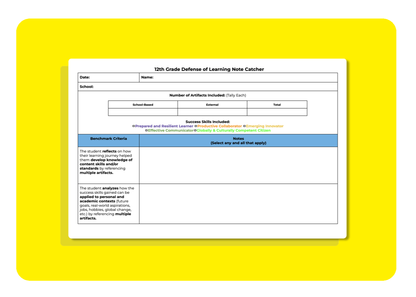 12th grade defense of learning note catcher