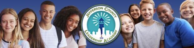 Students surrounding Jefferson County Leadership Academy Logo