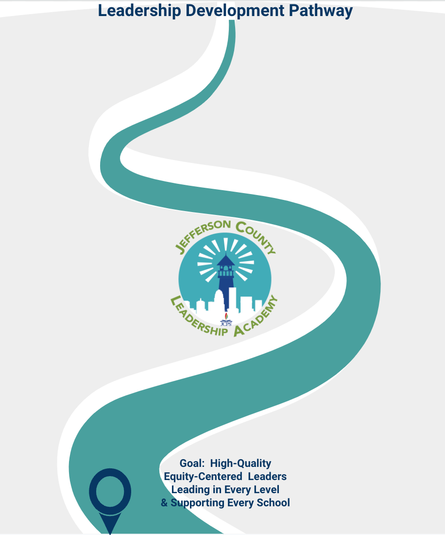 Image of a teal pathway with the Jefferson County Leader Academy logo present