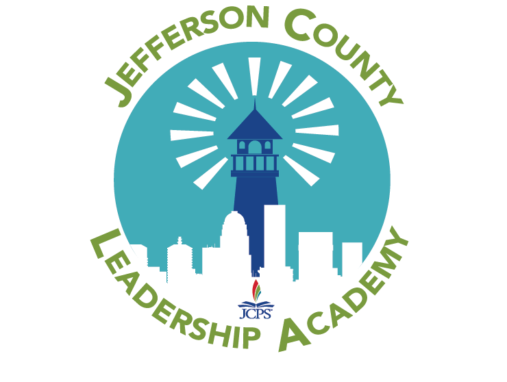 Jefferson County Leadership Academy logo that  has a lighthouse beaming over the city of Louisville, Kentucy.