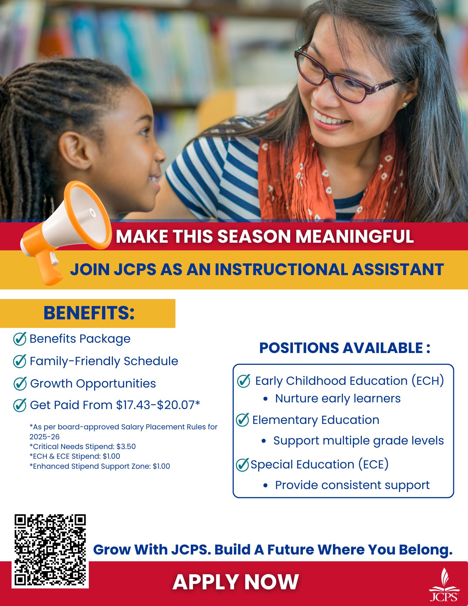 join j.c.p.s as an instructional Assistant. positions available, early childhood education, elementary education, special education. apply now at jcps.me/careers
