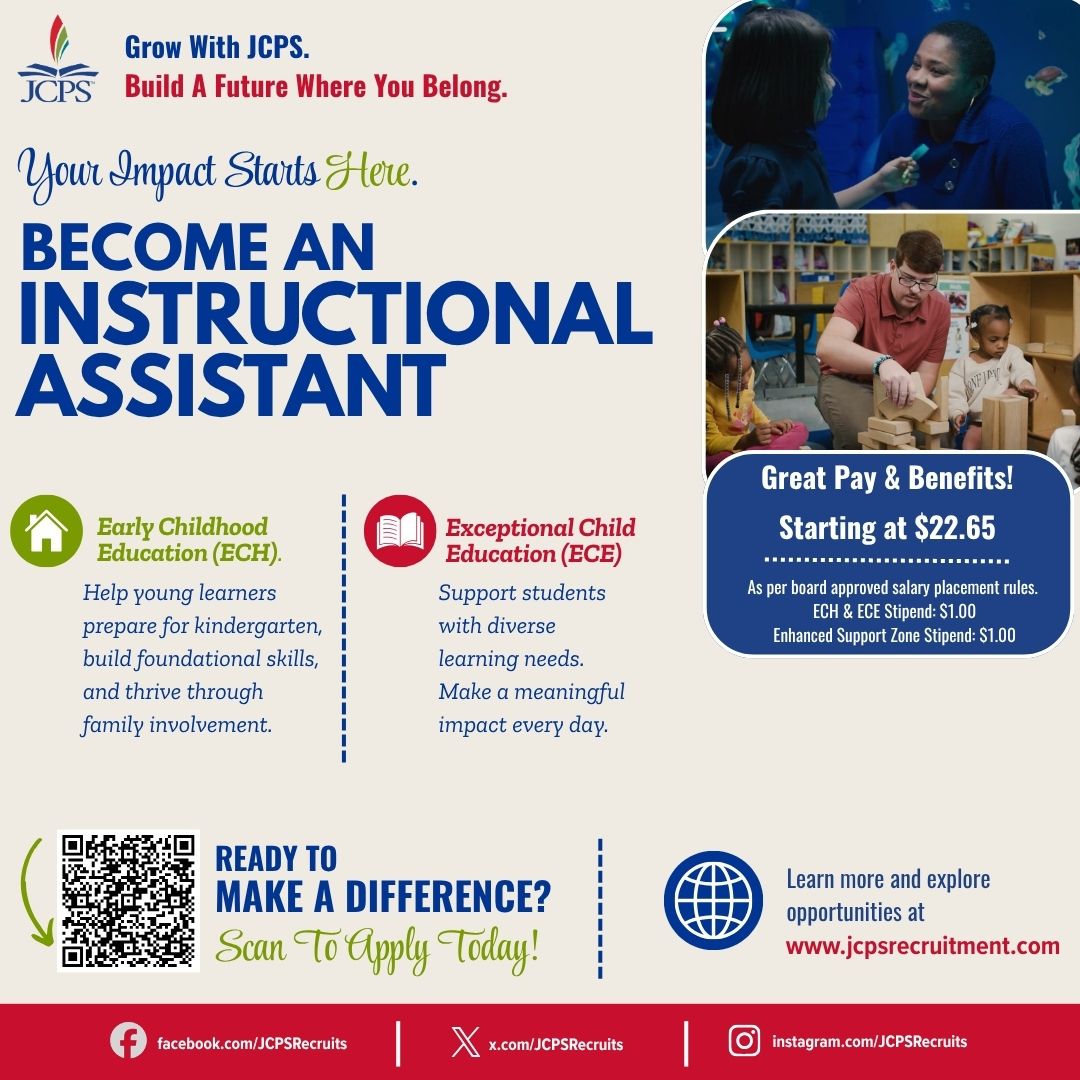Your Impact Starts Here. Become An Instructional Assistant at JCPS. Pay starts at $22.65.
