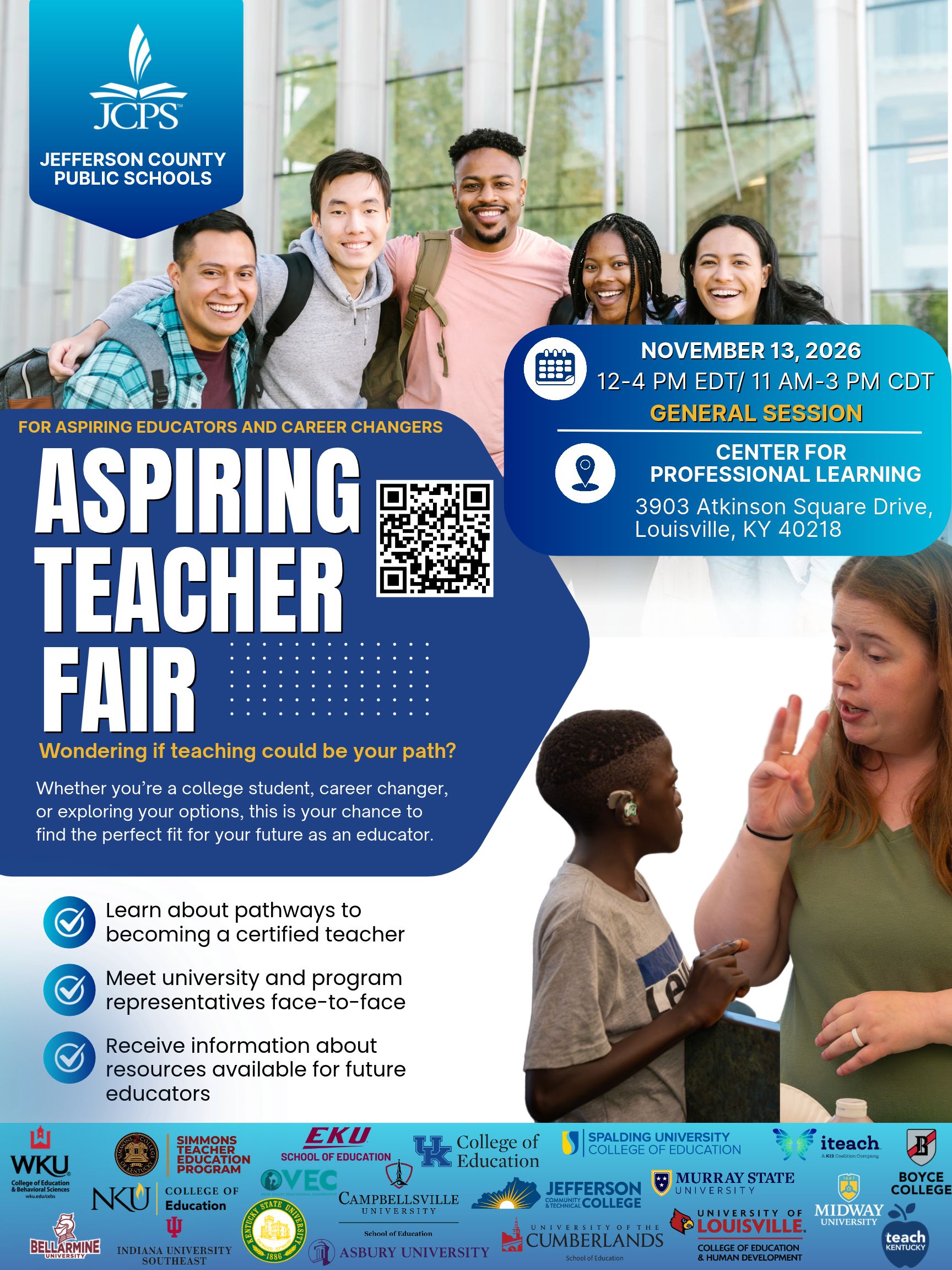 JCPS Aspiring Teacher Fair on November 13. 2026, inviting aspiring educators to explore teaching career opportunities with Jefferson County Public Schools