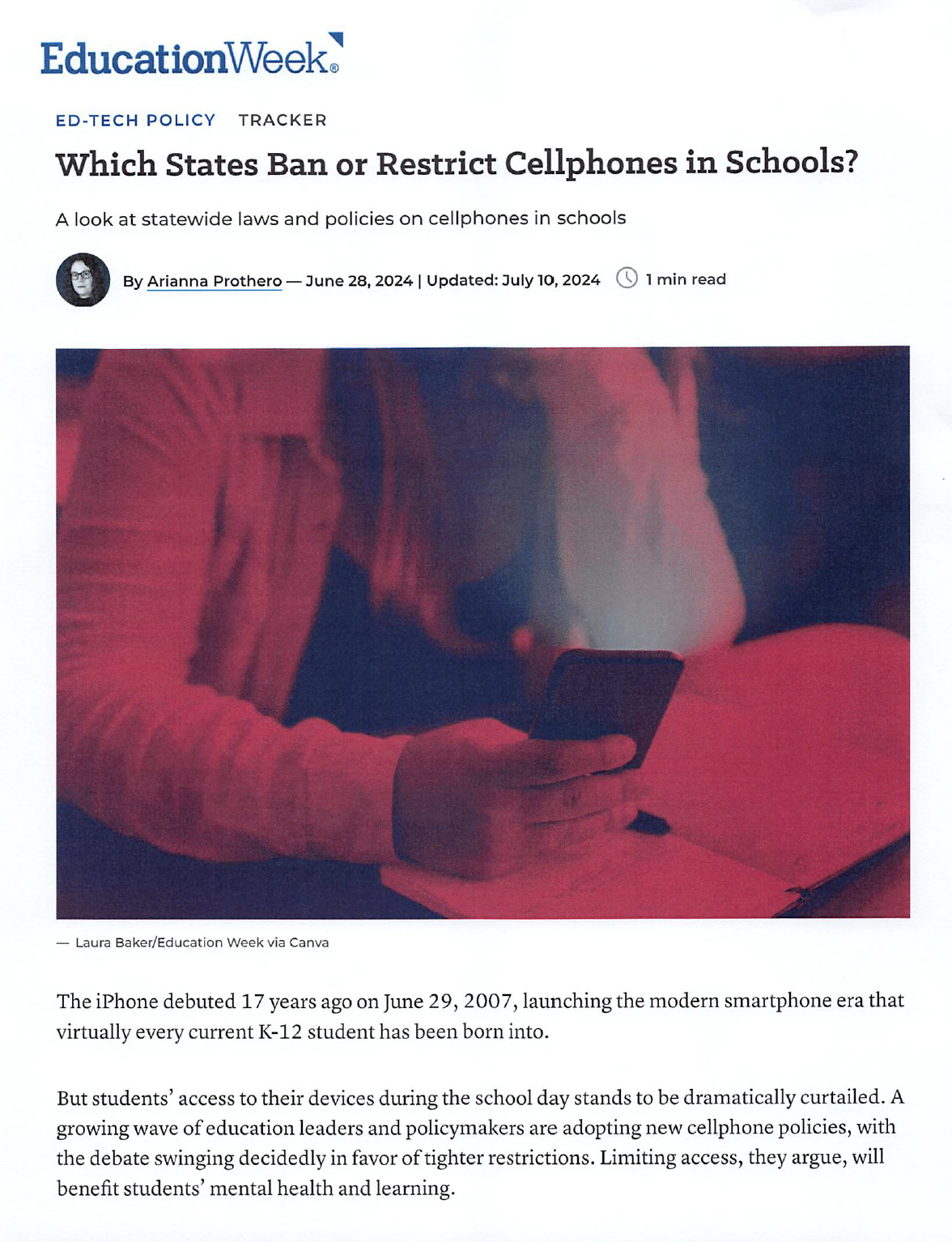 Education Week article on cell phones in schools