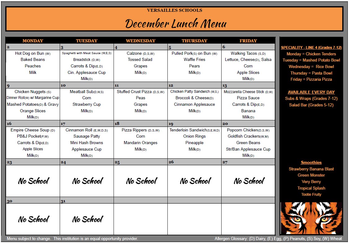 Dec Lunch Menu