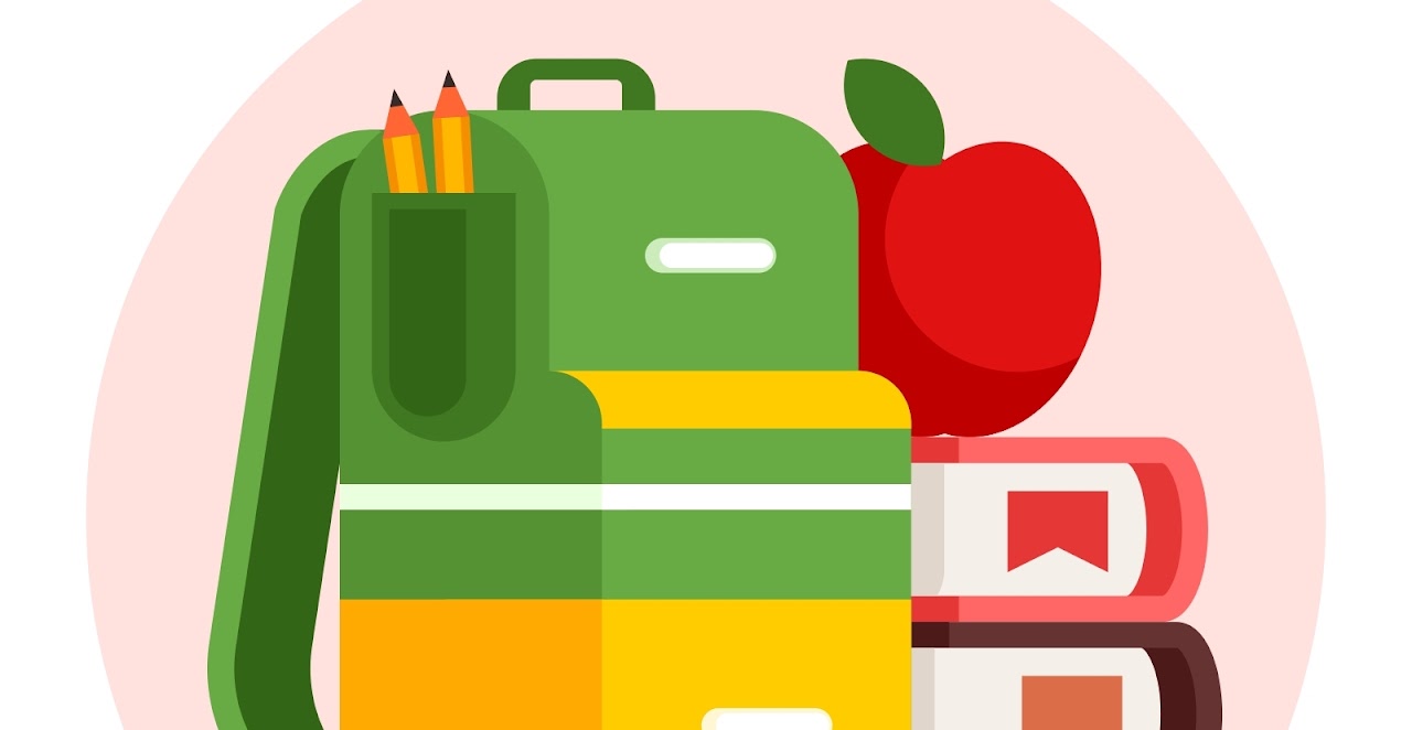 ilustration of a backpack, apple and books